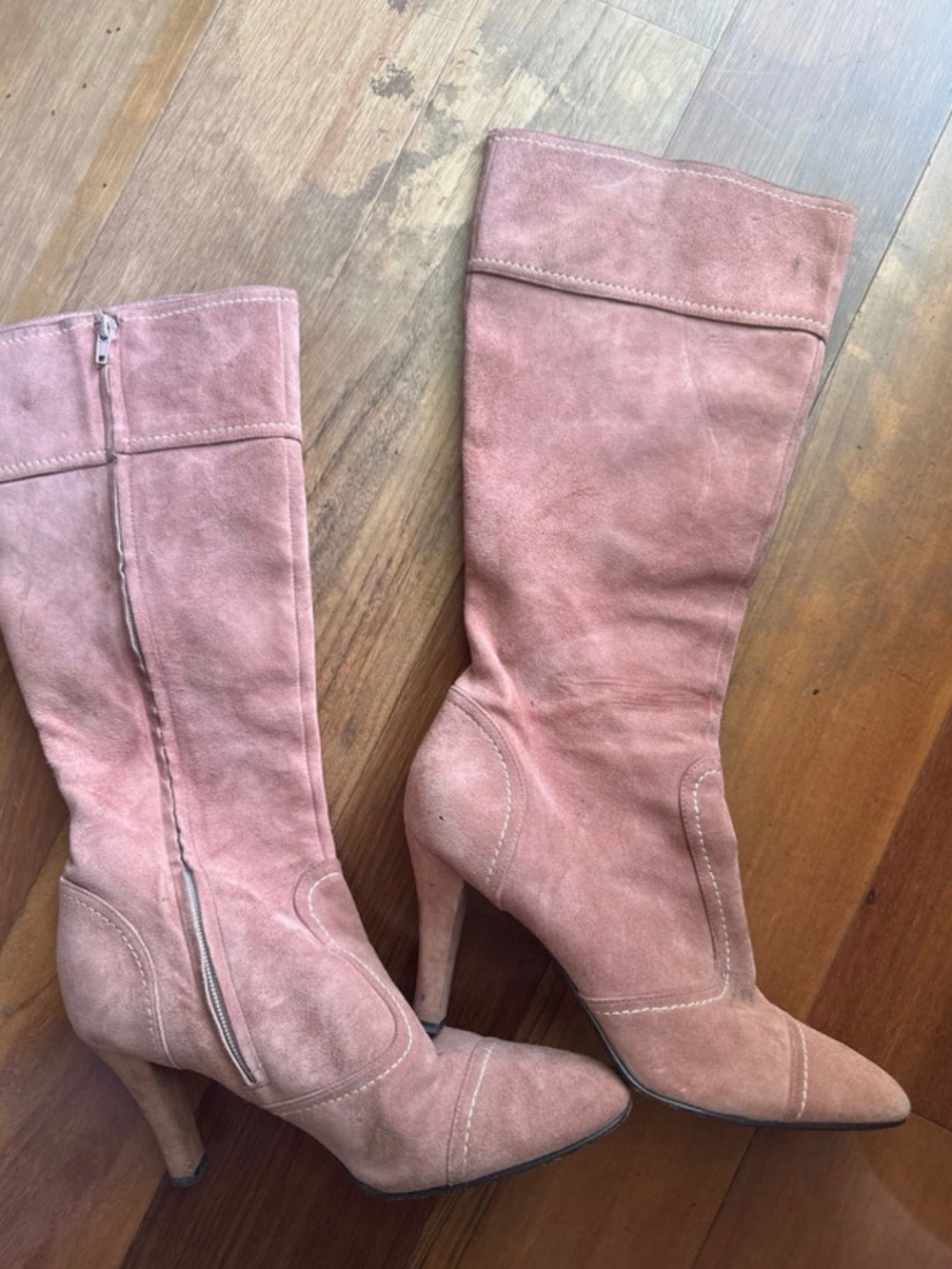Y2K Women's Suede Knee-High Heeled Boots in Dusty Pink